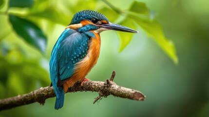 Poised Kingfisher on Slender Branch: Bright Blue and Orange Plumage Against Lush Greenery, Sharp Details with Sunlit Bokeh Background.
