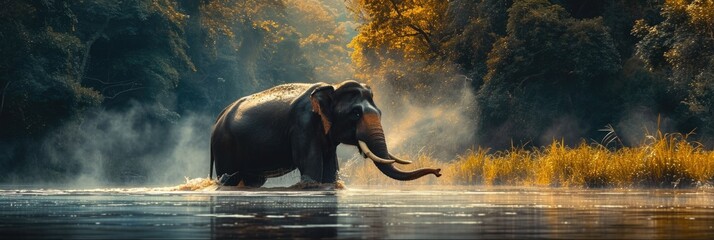 Majestic Asian Elephant in River: Submerged in Mist with Lush Tropical Backdrop, Tusks Prominent and Trunk Spraying Water. - obrazy, fototapety, plakaty