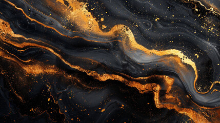 A dynamic interplay of midnight black and radiant gold, unfolding in an abstract dance on a polished marble background. 