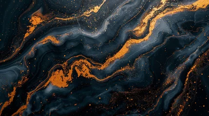 Fotobehang A dynamic interplay of midnight black and radiant gold, unfolding in an abstract dance on a polished marble background.  © Dani Shah 