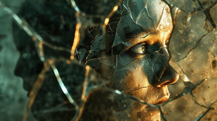 reflection in broken mirror of depressed person with anxiety and mental illness concept