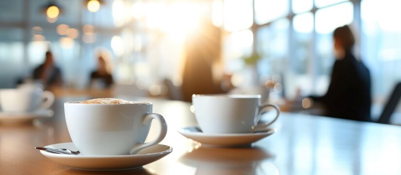 Close up cups of coffee or tea on the table in the office in the background. AI generated image