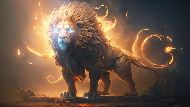 mighty fantasy lion with flames and glowing light. Created with Generative AI.	
