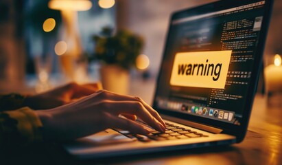 Person using a laptop with a cybersecurity warning message on the screen, symbolizing data breach, hacking threat, online security risks, cyber attack prevention, and digital privacy protection