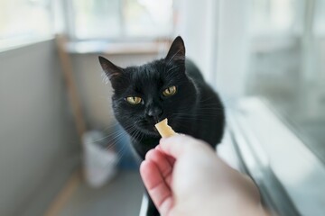 POV cat feeding. Front view of cat receiving snacks. Fluffy cat on a diet.