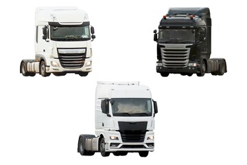 A truck travels on an open road with no trailer attached. European modern truck runs on diesel...