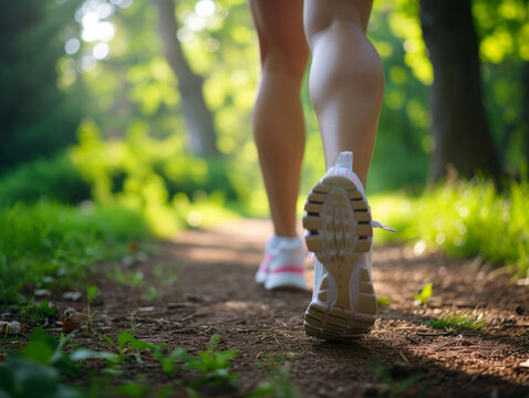 Woman's legs, clad in sports shoes, jogging in the park from a rear perspective.