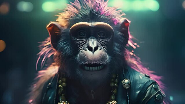 	
cute monkey in punk rock style. Created with Generative AI.