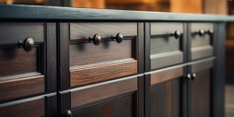 Vintage-style black handles on wooden kitchen cabinets. - obrazy, fototapety, plakaty