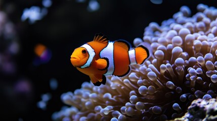 Clown fish close-up on a black background in an aquarium.