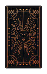 Tarot card concept. Mysticism and esotericism. Spirituality with golden ornament. Astrology and astronomy, occultism. Cartoon flat vector illustration isolated on white background