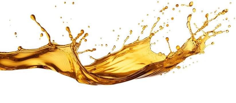 Macro view golden oil splash isolated white background. AI generated image