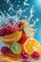 Fresh and vivid fruits take center stage, highlighted by refreshing splashes of water
