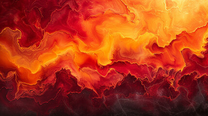 A marble slab with an abstract painting in shades of red and orange, resembling a fiery sunset. 