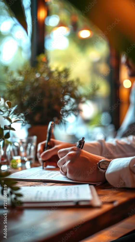 Poster a person sitting at a table with a pen and paper. generative ai.