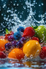 Splash of water on fresh fruits with a clear focus