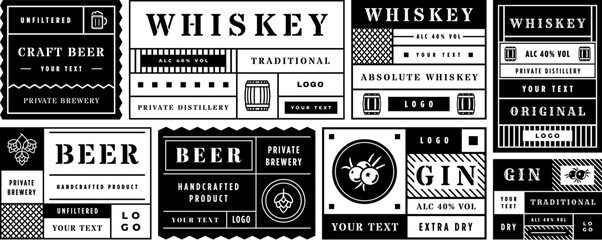 Minimal alcohol drink label template. Geometric sticker layout for craft beer, whiskey and gin bottles. Retro labels with hops and berry vector set.