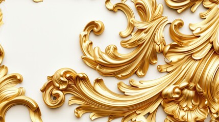 a rich golden baroque ornament delicately engraved on a pristine white background, showcasing the intricate details and lavish curves of the design to evoke a sense of opulence SEAMLESS PATTERN.