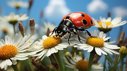 Obraz premium Macro Marvel: A Close-Up Wallpaper Background Displays a Ladybug Up-Close on a Flower, Offering a Glimpse into the Intricate Beauty of Nature's Details