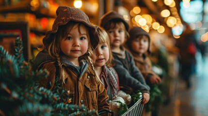 Obraz premium Three children in a store with a basket. Generative AI.