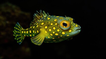 Obraz premium Green spotted close-up on a black background in an aquarium.