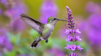 Iridescent Flight: Hummingbird's Green Feathers Against Purple Flowers, Wings in Motion Blurred Against a Soft Bokeh.