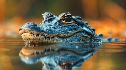 Fototapeta premium Stealth in the Water: Close-Up of a Caiman with Textured Skin and Piercing Eyes, Reflection Detailed in the Calm Waters Against a Muted Wild Backdrop.