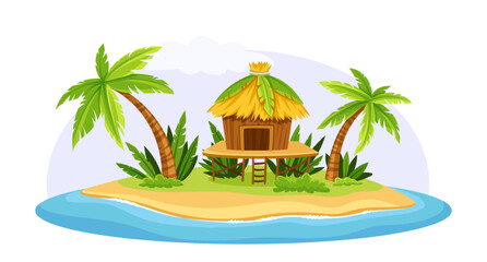 Tropical island scene. House with palms and sand beach. Exotic coastline with lake. Paradse and hawaii. Template and layout. Cartoon flat vector illustration isolated on white background