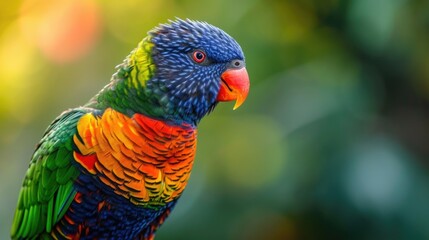 Naklejka premium The Art of Feathers: A Coconut Lorikeet's Detailed Display of Color, From Blue Head to Green Body, Against the Serene Blur of a Tropical Forest.