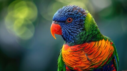 Naklejka premium Kaleidoscope of Nature: A Coconut Lorikeet's Vivid Portrait, Showcasing Transitioning Hues from Blue to Green, Set in a Softly Focused Forest Scene.
