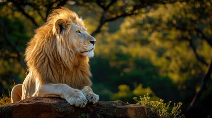 Obraz premium Regal White Lion in Masai Mara: Luxurious Cream Mane Under Sunlight, Majestically Perched on Jungle Outcrop.