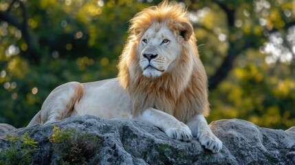 Obraz premium White Lion's Regal Posture: Piercing Eyes and Luxurious Mane, Bathed in Ethereal Light on a Masai Mara Jungle Outcrop.