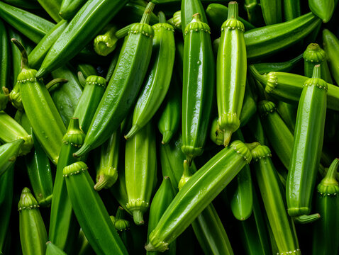 Top view background with fresh green okras