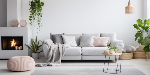 White living room with plants, carpet, candles, and grey couch. Real photo.
