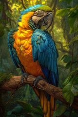 Splendid Macaw in Natural Habitat: Vivid Cobalt and Gold Plumage Against the Lush Green Jungle, Illuminated by Shafts of Light.