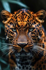 Naklejka premium Javan Leopard's Gaze: Distinctive Rosettes on Golden Fur, Finely Detailed Whiskers Against a Dusky Rainforest Backdrop.