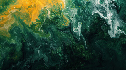 A marble slab with an abstract painting in shades of green and yellow, resembling a lush forest. 