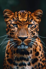 Fototapeta premium A Study in Wild Grace: Detailed Close-Up of a Javan Leopard, Golden Rosettes Shining, Set Against the Mysterious Depths of the Rainforest.