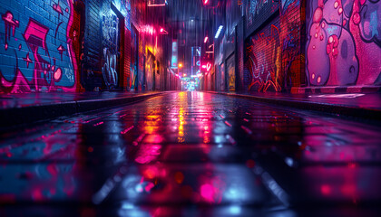 Alley with neon lights and graffiti 