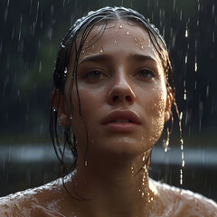 Obraz premium Beautiful young woman taking a shower in the rain.