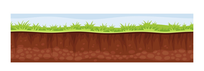 Under earth layer concept. Dirt with grass. Archeology and paleontology. Ground and soil, land. Graphic element for website. Cartoon flat vector illustration isolated on white background