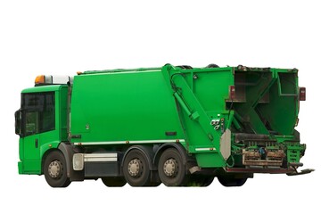 Isolated on a white background recycling truck riding on the road in the suburbs. Garbage pickup truck. Concept of sorting garbage for better sustainable future. Close-up of municipal service vehicle