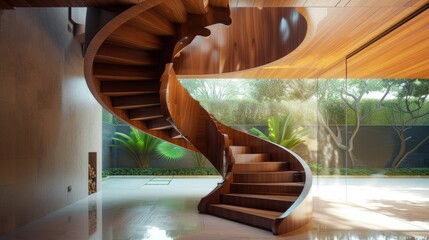 a spiral staircase crafted from polished wood, highlighting its seamless integration into modern interior design.