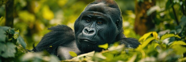 Fototapeta na wymiar The Quiet Majesty of the Forest: A Silverback Gorilla Sits Amidst Vibrant Greenery, Its Fur a Tapestry of Black and Gray.