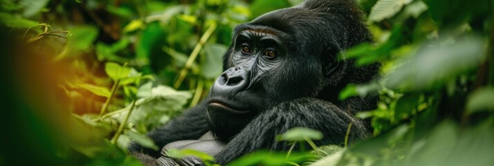 Obraz premium The Quiet Majesty of the Forest: A Silverback Gorilla Sits Amidst Vibrant Greenery, Its Fur a Tapestry of Black and Gray.
