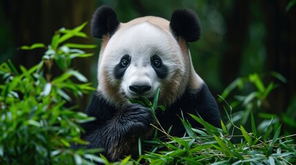 Tranquil Bamboo Munching: A Giant Panda Enjoys Its Meal, Surrounded by Lush Greenery, Showcasing Its Iconic Fur Pattern.