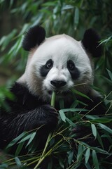 Obraz premium Peaceful Bamboo Banquet: A Giant Panda Holds a Shoot Amidst Thick Greenery, Its Black and White Fur in Stark Contrast.