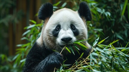 Serene Panda Feast: Comfortably Seated Giant Panda with Bamboo, Expressive Eyes Highlighted by Verdant Surroundings.