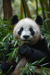 Obraz premium Tranquil Bamboo Munching: A Giant Panda Enjoys Its Meal, Surrounded by Lush Greenery, Showcasing Its Iconic Fur Pattern.