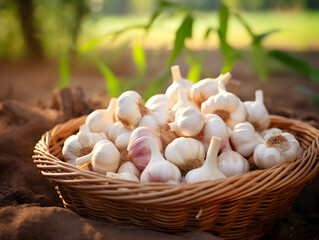 Ripe garlic gloves in a wooden basket, blurry green garden background 
